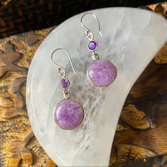 Purple Lepidolite & Amethyst Sterling Earrings - Picture 1 of 7